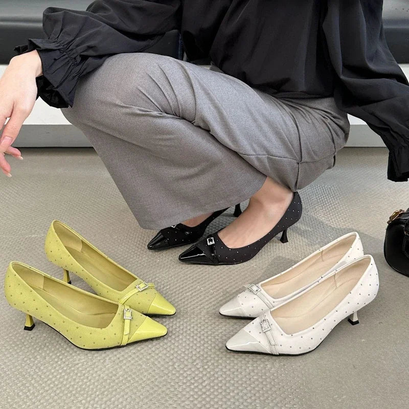 Pointed Toe Low Heel Shoes Belt Buckle Elegant Office Thin High Heels Shallow Pumps Zapatos De Mujer