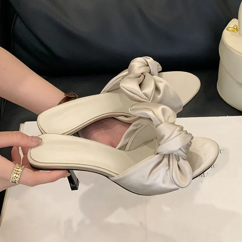 Round Toe High Heels Pumps Slides Shoes Butterfly-Knot Heeled Sandals Shoes