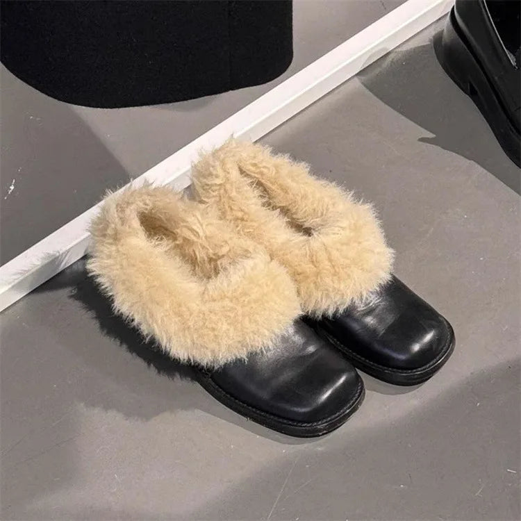 Square Toe Thick Heel Hairy Loafers Leather Korean Version Versatile Small Leather Shoes Cotton Shoes