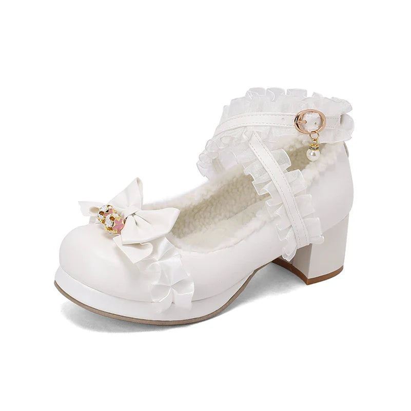 Lolita Pumps Round Toe Thick Mid Heels Cross Strap Buckle Bow Kawaii Cosplay Shoes Beige 46