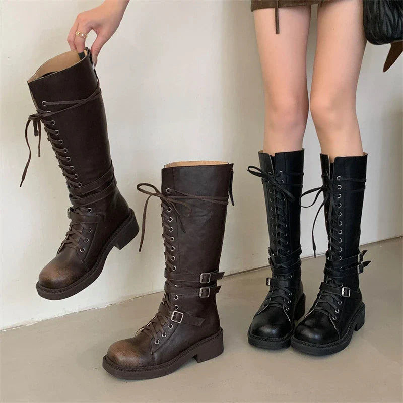 Punk Style Cross-Strap Low Heels Knee-High Boots Belt Buckle Round Toe Zipper Shoes