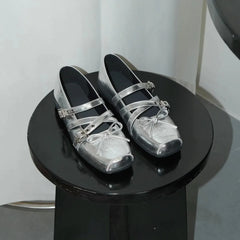 Rivet Decorated Ballet Flat Shoes with Bow Design Shoes with Square Toe Buckle Shallow Mouth Loafers