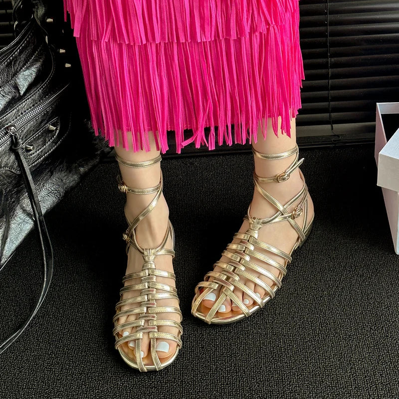 Design Rome Style Low Heels Narrow Band Casual Party Shoes Woman Genuine Leather Quality