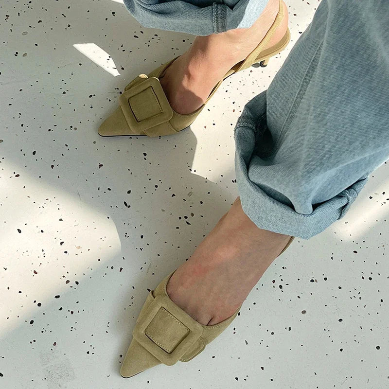 Sandals Pointed Toe High Heels Stiletto Square Buckle Large Size Single Shoes