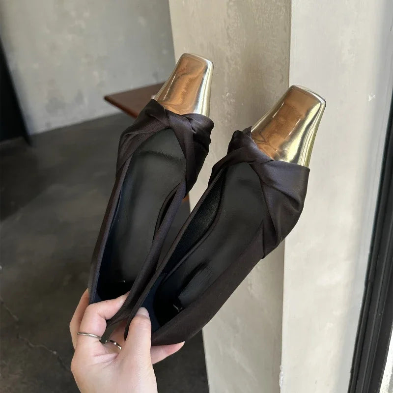 Metal Square Head Pumps Satin Flat Shoes Party Purple Comfy Casual FashionMueller Shoes