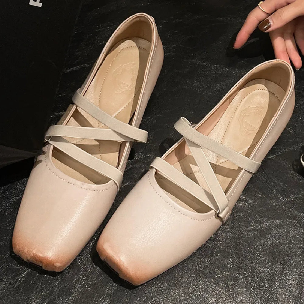 Womenn's genuine leather square toe elastic band slip-on ballet flats cross strap slim soft comfortable ballerians shoes