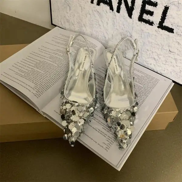 Low Sandals Woman Leather Shoes Closed Toe Bling Bling Suit Beige Heels Low-heeled Silver Retro Bright Black Girls