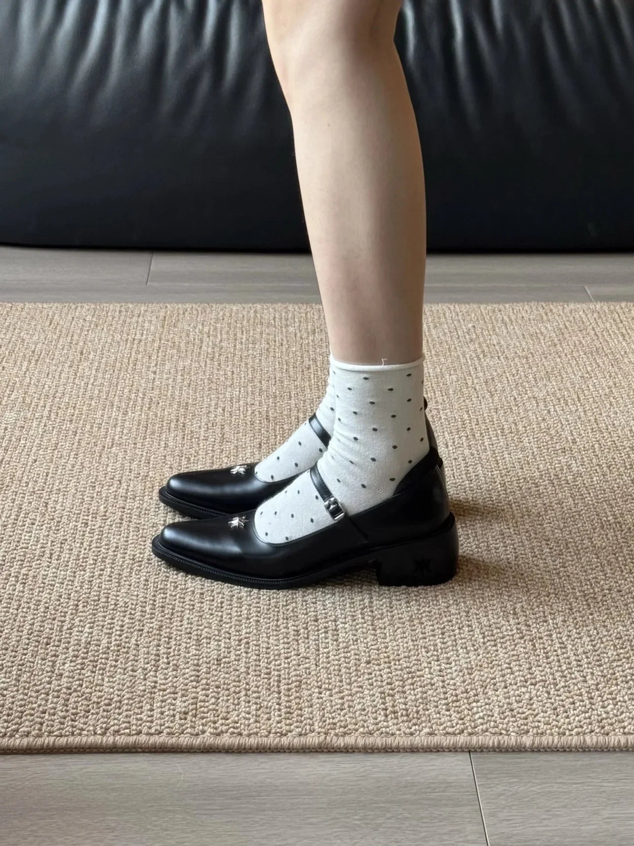 Shallow Mouthed Mary Jane Shoes Thick Heel with A Single Button Leather Shoes Metal Decorative Leisure Flat Shoes