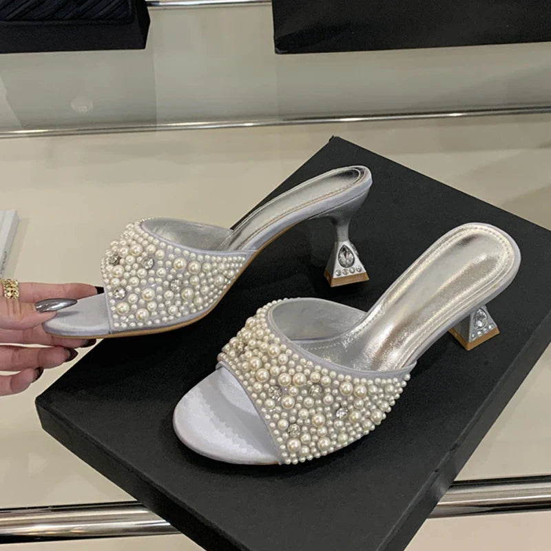White Pearl Sandals Open Toe Crystal Rhinestone Low Heels Mules Party