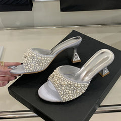 White Pearl Sandals Open Toe Crystal Rhinestone Low Heels Mules Party