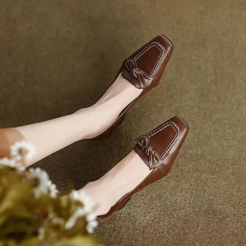 retro square toe high heels and butterfly decorative office girl mid-heeled shoes