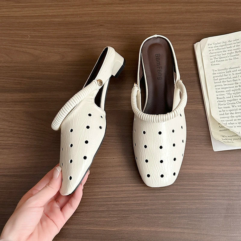 Hollow Sandals Heels Slippers Beach Mules Shoes Trend Chunky Leather Shoes Casual Flip Flops Mujer Slides