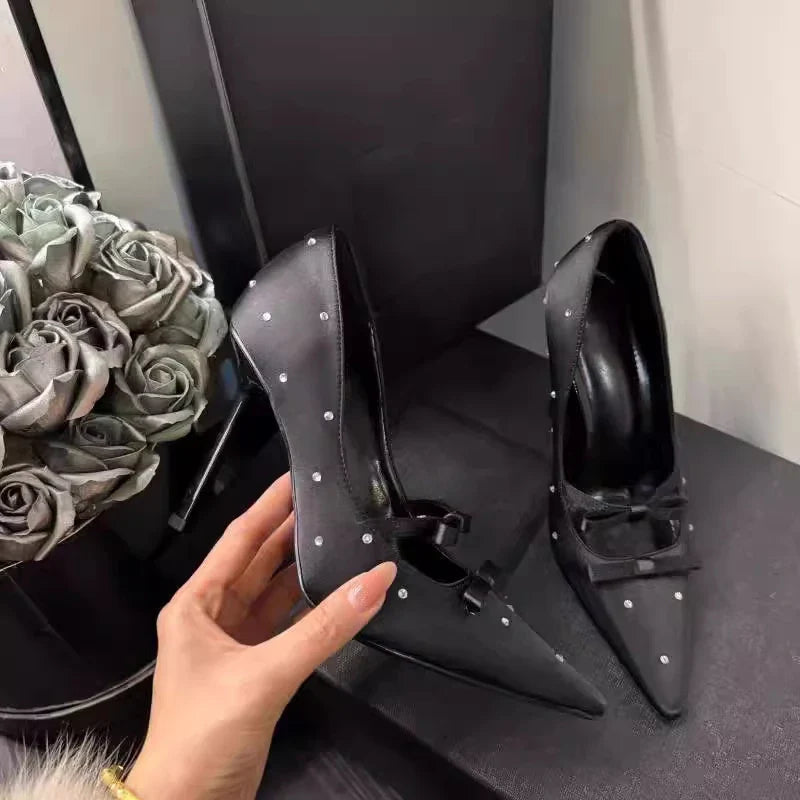 Thin Heel Shallow Mouth Single Shoes Banquet Bow Pointed Water Diamond Silk High Heels