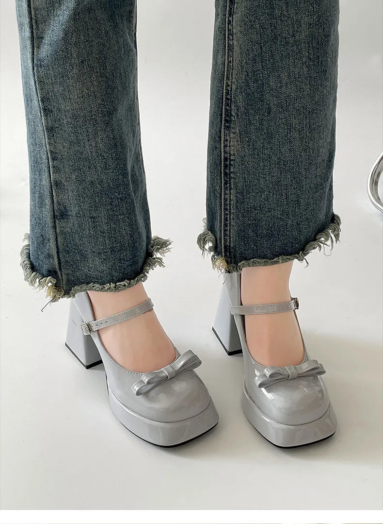 Platform Thick Heel Mary Jane Shoes Square Toe Shoes Elegant Height Increase