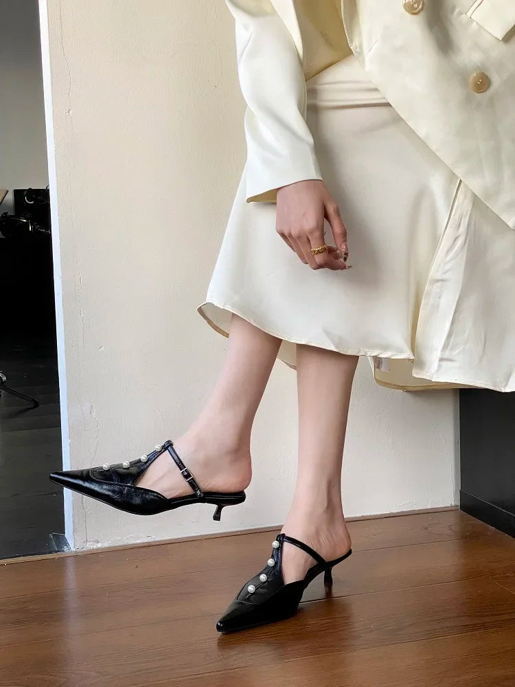 Woman Pumps String Pearl Pointed Toe Thin Low Heels Shoes Elegant Buckle Strap Zapatos De Mujer
