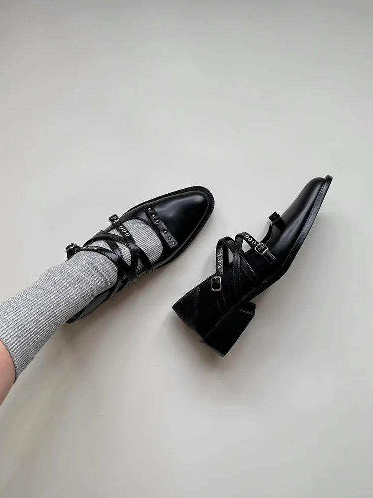 Roman Style Pointed Toe Shoes Mid Heels Rivet Single Shoes Elegant Versatile