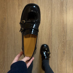 High Quality Patent Leather Loafers Double Narrow Band Buckle Shoes Retro British Style Zapatos De Mujer