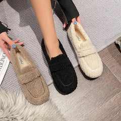Plus Size 34-43 Wool Shoes Warm Cotton Loafers Femmes Lambswool Moccasins Slip On Round Toe Sheep Fur Flats