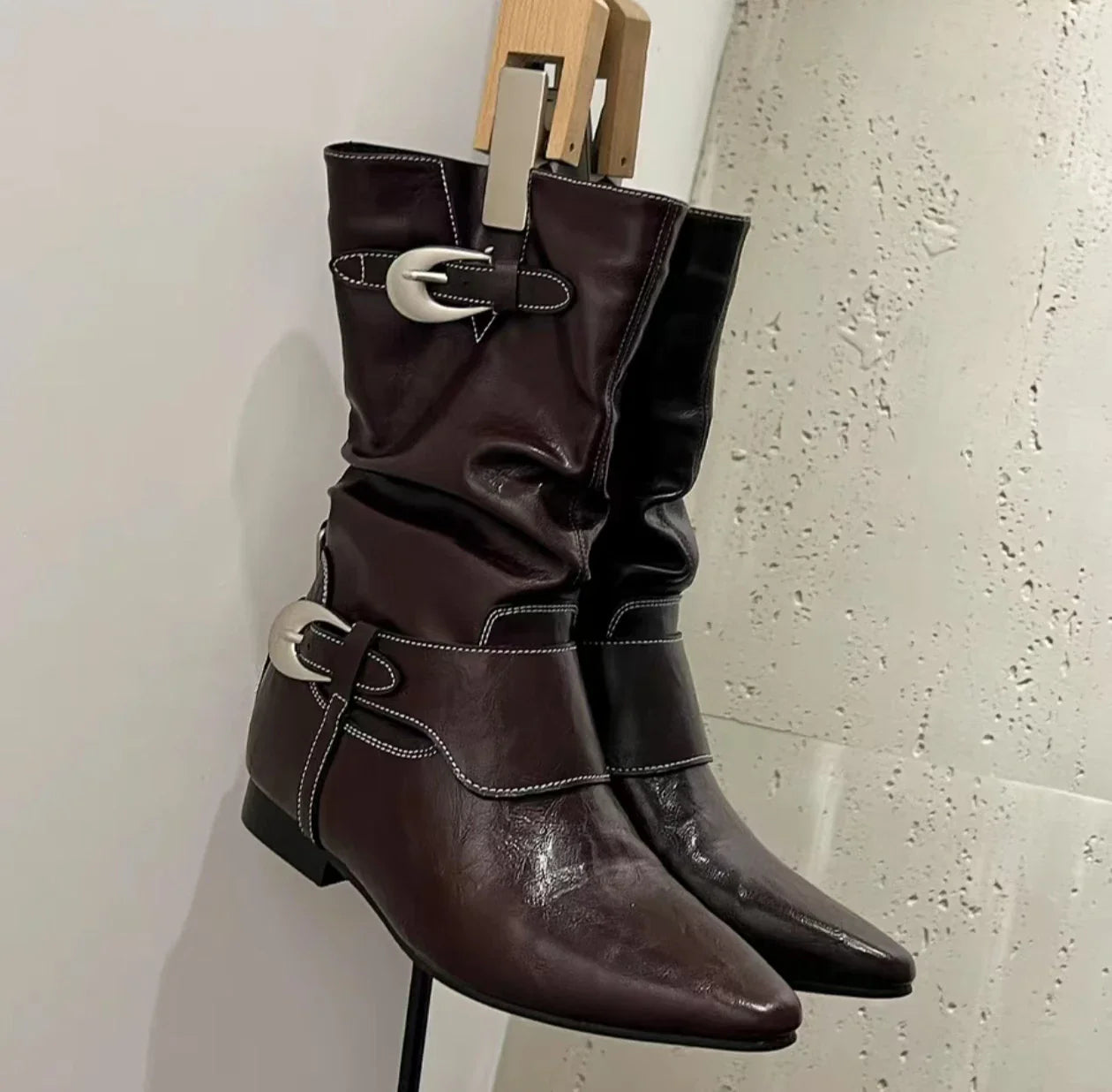 Round Toe Square Heel Elegant Mid-calf Boots Pin Buckle Decoration Solid Color Simple