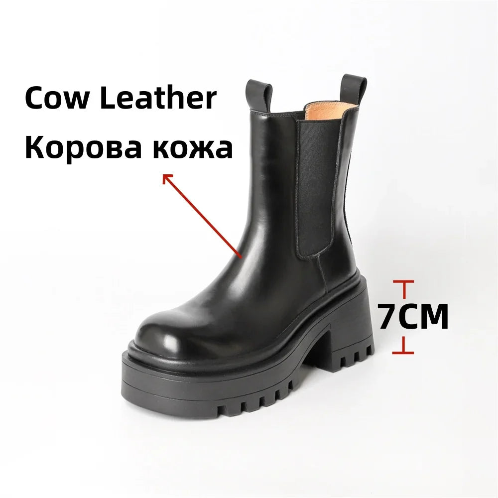 Platforms Ankle Boots Genuine Leather Thick Sole Ankle Punk Motorcycle Shoes Combat Booties