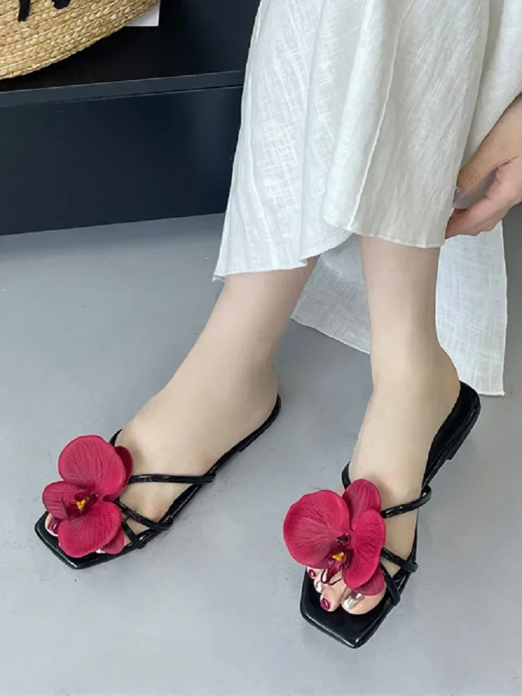Flower Narrown Band Low Heels Slippers Square Toe Casual Beach Shoes Size 35-43