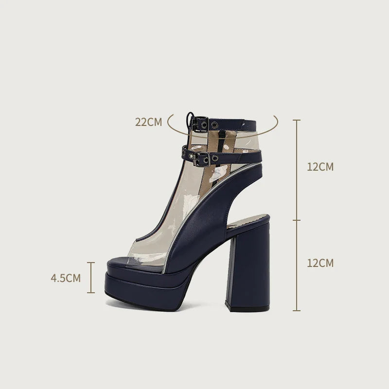 Brand Chic Thick Platform 12cm Super High Heels Ankle Boots Peep Toe Transparent Belt Buckle Slingback Shoes