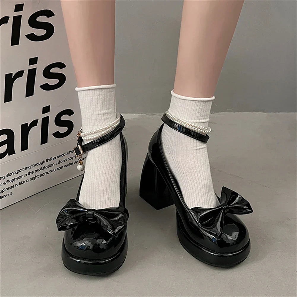 Lolita Bow Bow Decor Pumps Platform Chunky High Heels Ankle Strap Sweet Cute Elegant Pumps
