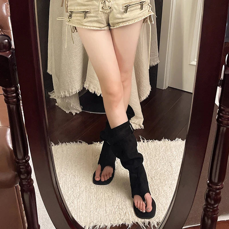 Internal Elevation Knee High Boots Retro Style Clip Toe Shoes Causal Slip On Sandalias Booties