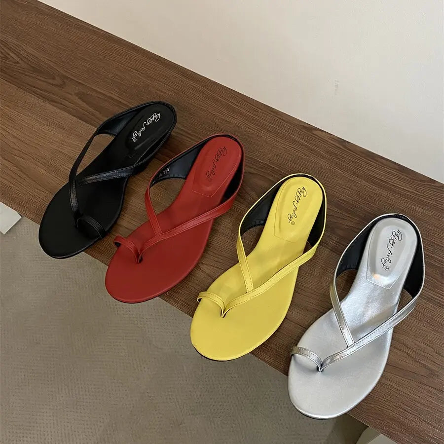 Square Low Heel Slipper Narrow Band Sandal Outdoor Beach Casual Slides Shoes Big Size 40