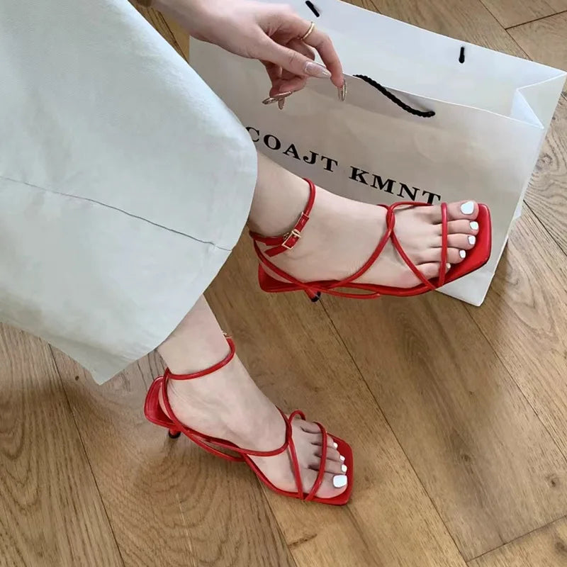 Womens Shoes Sandals Stiletto Heels Suit Beige All-Match Girls Low Comfort High Retro