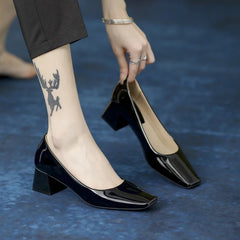 Solid Japanned Leather Pumps Woman Block High Heels Shoes OL Dress Work Escarpins Femmes Tacones Mujer