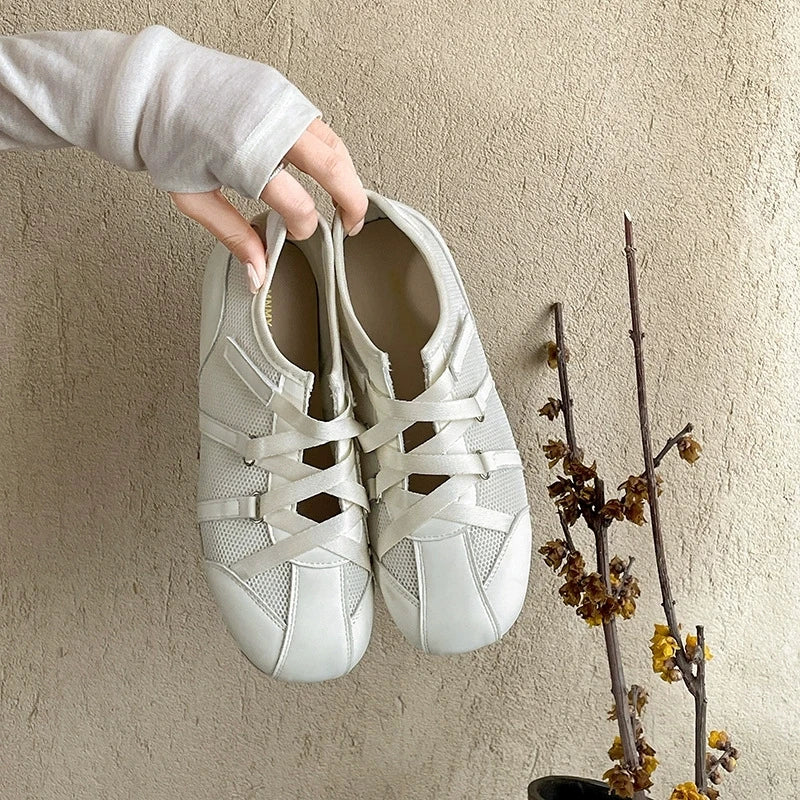 Mary Jane Cross Strap Flats Shoes Elegant Round Toe Comfort Soft Sole Ballerinas Shoes