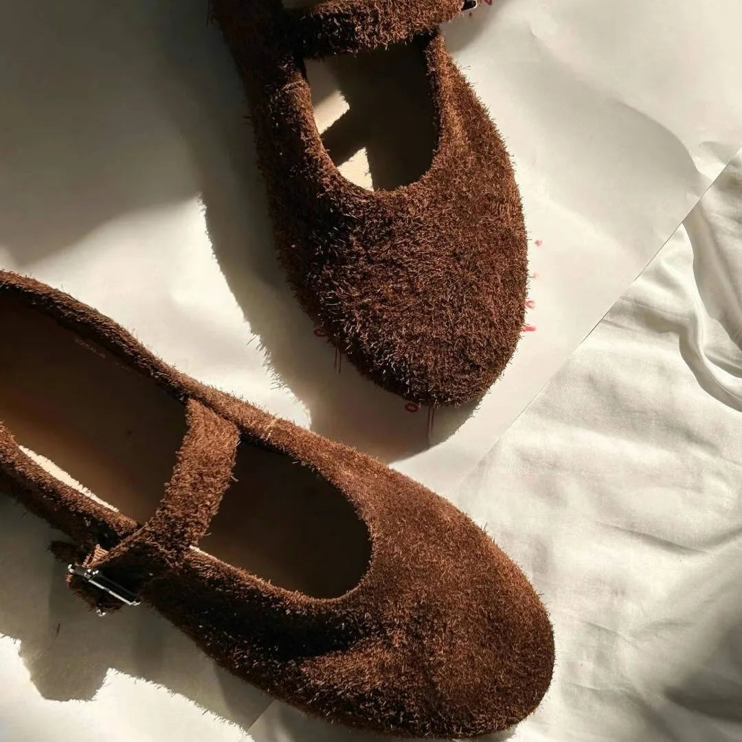Leather Mary Janes Flats Shoes Cow Suede Buckle Strap Ballet Flats Shoes Shallow Soft Casual Loafers