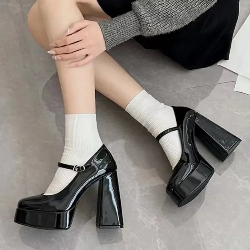 Platform Mary Jane High Heels Chunky Heeled Buckle Strap Solid Color Lolita Shoes Sweet Cosplay Pumps