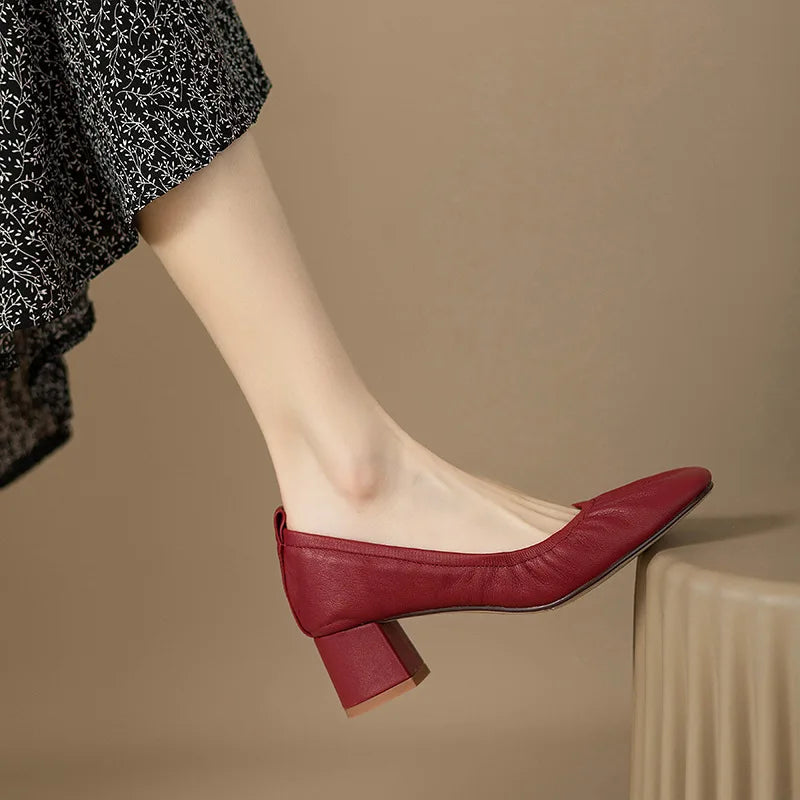 Oxford Shoes Vintage Pumps Mid Heels Square Toe Pumps Slip on Sewing High Heels Boat Shoes Elegant