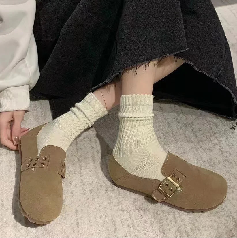 Faux Suede Leather Loafers Rivet Belt Flats Mocasines Garden Shoes Clogs Barefoot Tabis Comfy Slip On Walking Shoes