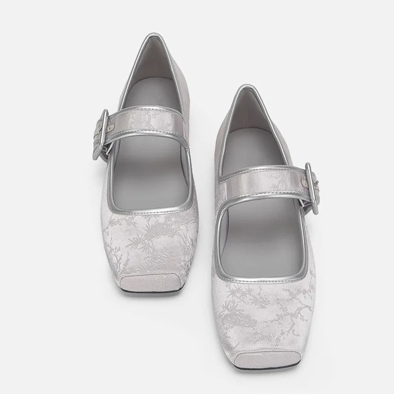Silk Embroidery Ballerinas Woman Pig Toe Flats Shoes Belt Buckle Silky Mary Janes Wedding Brides Ballets Loafers