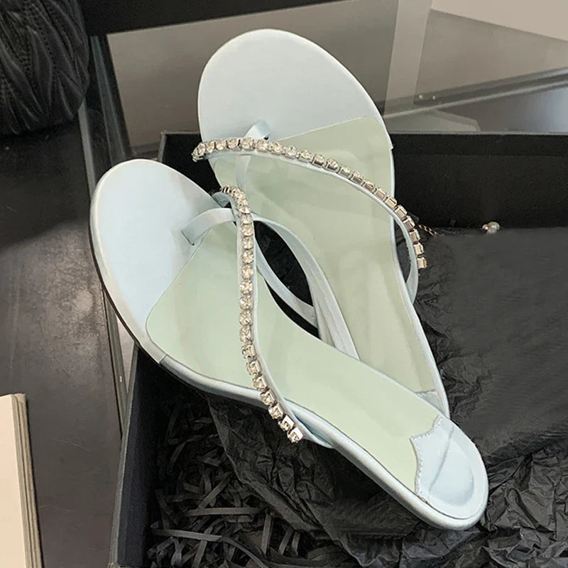 Round Toe Thin Heels Slippers Slides Flip Flops Sandals Rhinestone Pinch Narrow Band Shoes