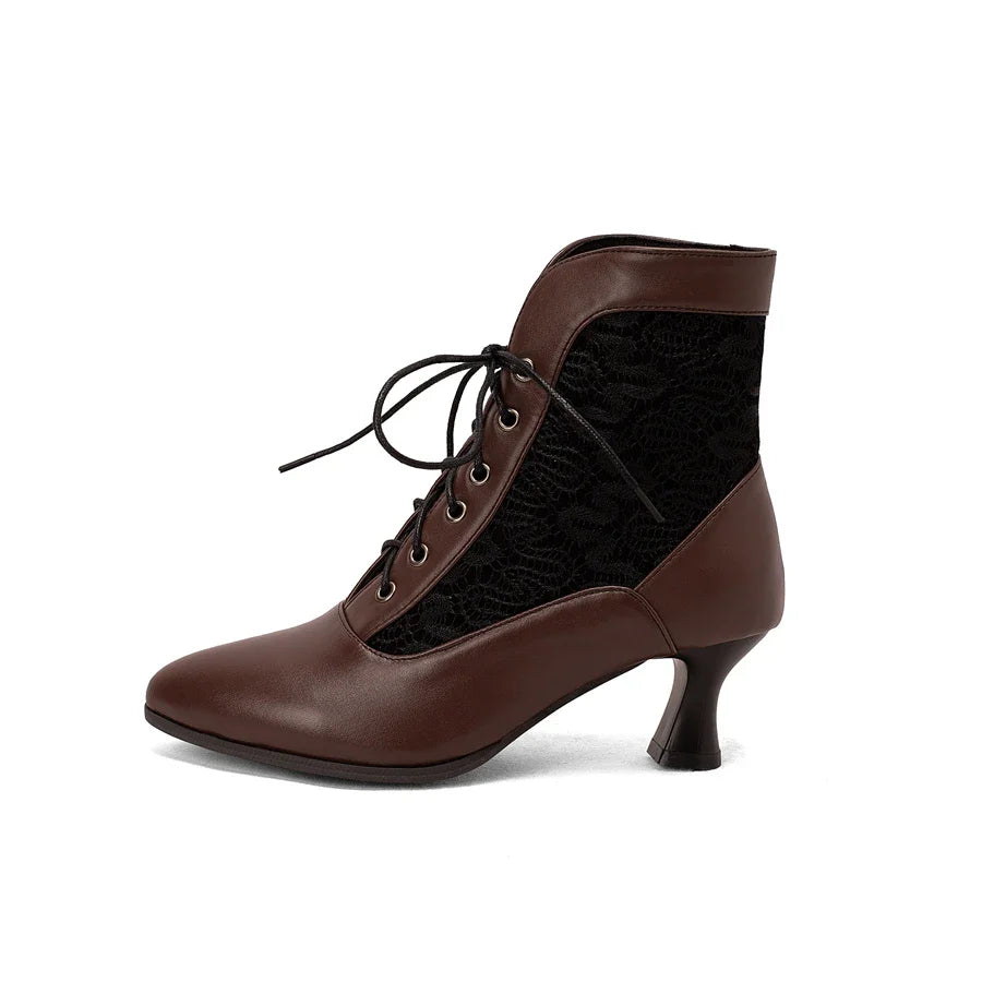 White Red Victorian Pointed Toe Ankle Boots PU Leather Embroidered Laces Punk Cross-tied Kitten High Heel Shoes Plus Size