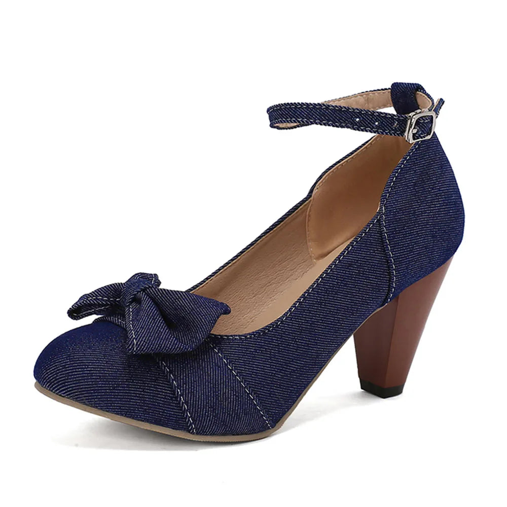 Plus Size 48 Brand Round Toe Chunky Heel Pumps Elegant Bow Buckle Solid Party Shoes