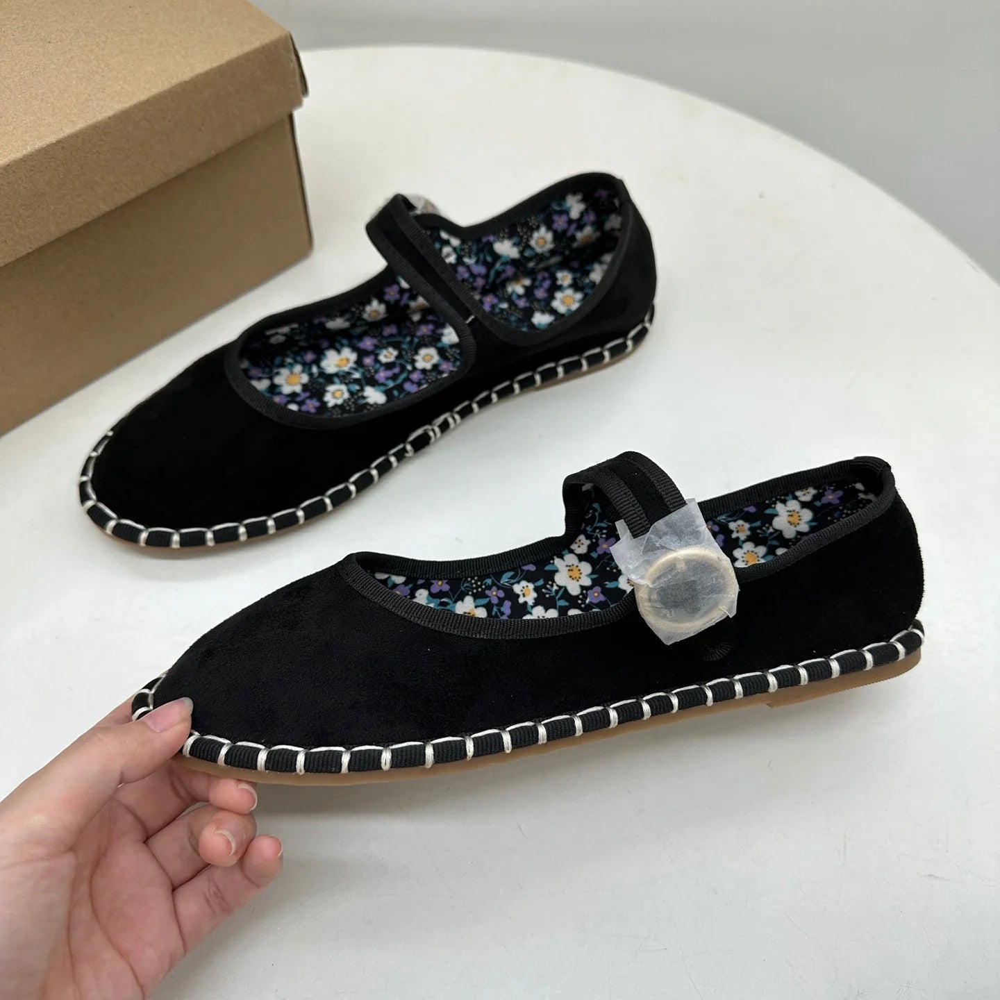 Floral Print Insole Velvet Flats Shoes Hand Stitching Elegant Mary Jeans Shoes Round Toe Ballets Flats Footwear