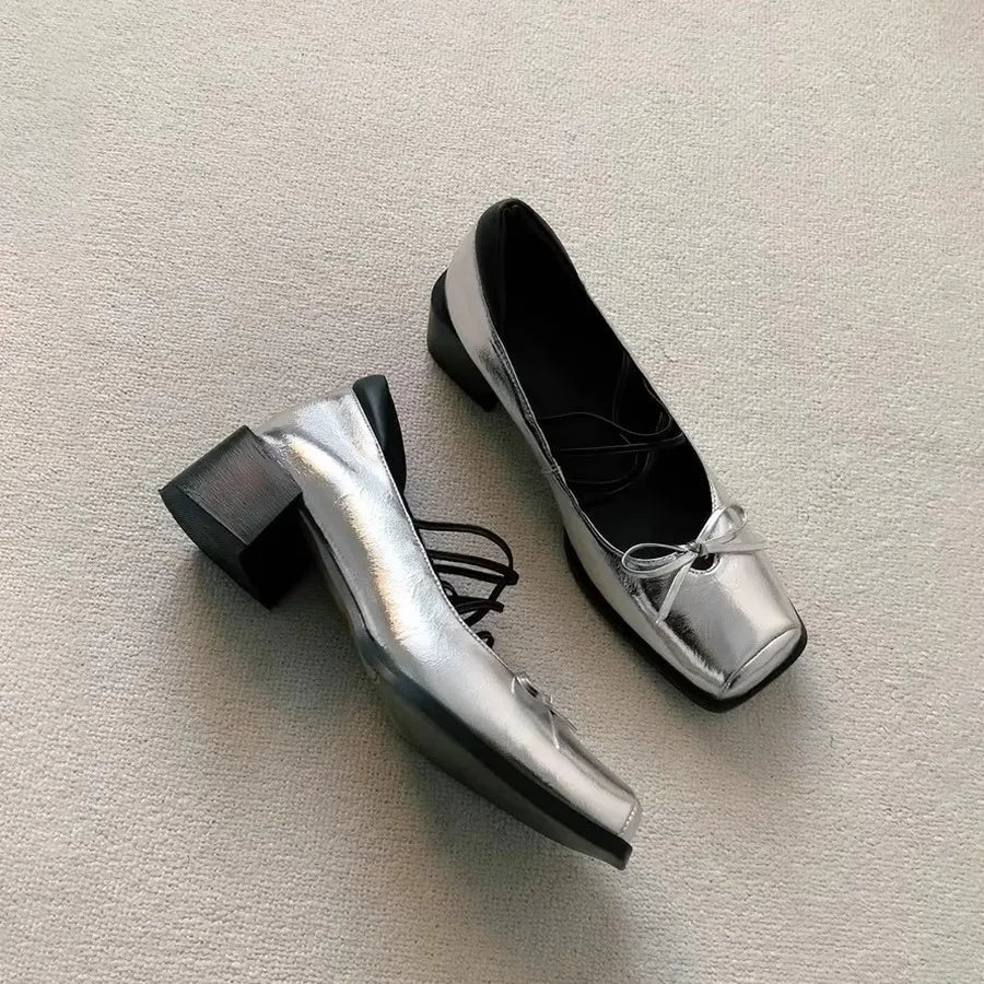 Genuine Leather Bow Decorated Flat Shoes with Cross Straps Thick Heels Mary Jane Shoes Shallow Mouth Comfortable Loafers