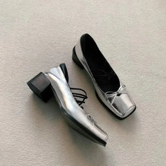 Genuine Leather Bow Decorated Flat Shoes with Cross Straps Thick Heels Mary Jane Shoes Shallow Mouth Comfortable Loafers