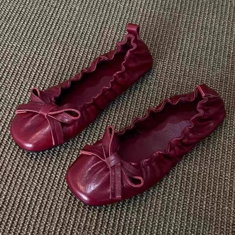 Red Bow Pleated Design Brand Ballet Flat Shoes Retro Round Toe Shallow Mary Jane Shoes Comfortable Moccasin