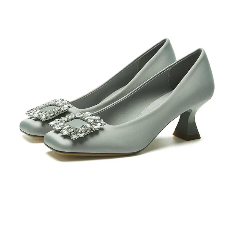 Rhinestone Satin Pumps Square Button Low Heel Office Shoes Elegant Crystal High Heels