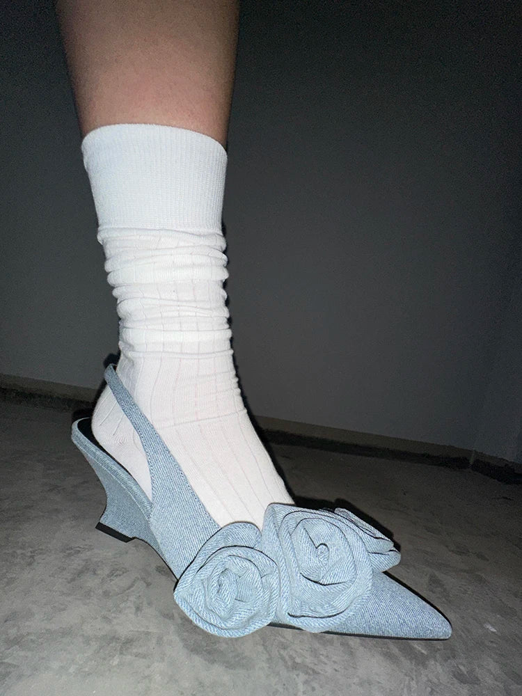 Denim Flower Wedges Sandals Pointy Toe Back Straps Lady Unique Street Dress Party Shoes
