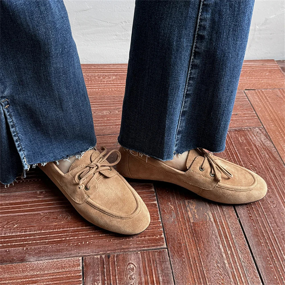 Ballet Flats Shoes Suede Leather Lace Up Casual Loafers Flats Heels Street Office Lady Loafers Shoe