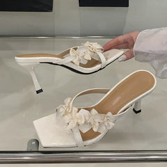 Yellow Silk Flowers Narrow Band Square Toe Mules Low Thin Heels Slippers Gladiator Sandals Shoes