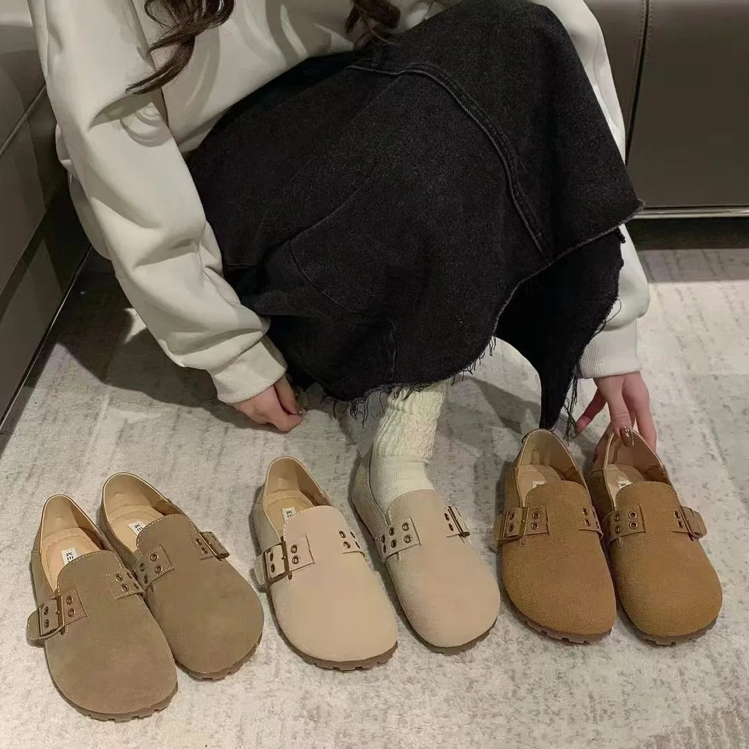 Faux Suede Leather Loafers Rivet Belt Flats Mocasines Garden Shoes Clogs Barefoot Tabis Comfy Slip On Walking Shoes