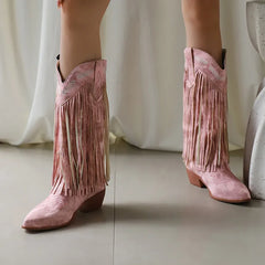 Fringe Western Boots Pink Sweet Embroidered Boots Brown Tassels Block Medium Heels Shoes Plus Size 48 Lady